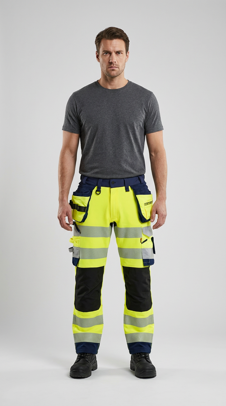 Mand i grå t-shirt og neongule arbejdsbukser med reflekser og sorte knæpuder mod en grå baggrund.