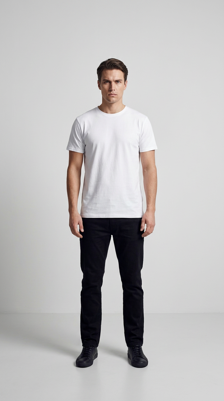 Mand i hvid t-shirt og sorte bukser stående mod en lys, neutral baggrund.