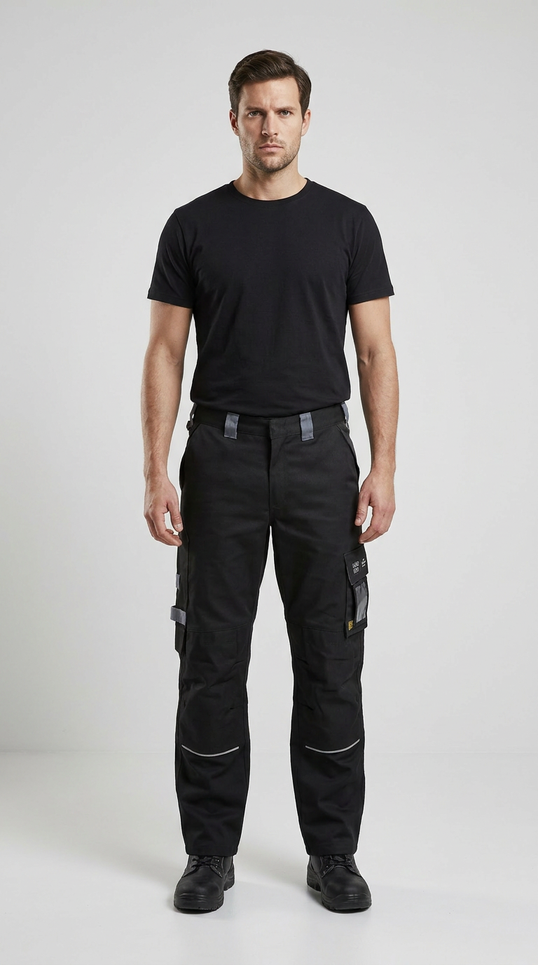 Mand i sort t-shirt og sorte arbejdsbukser med grå detaljer stående mod en lys grå baggrund.