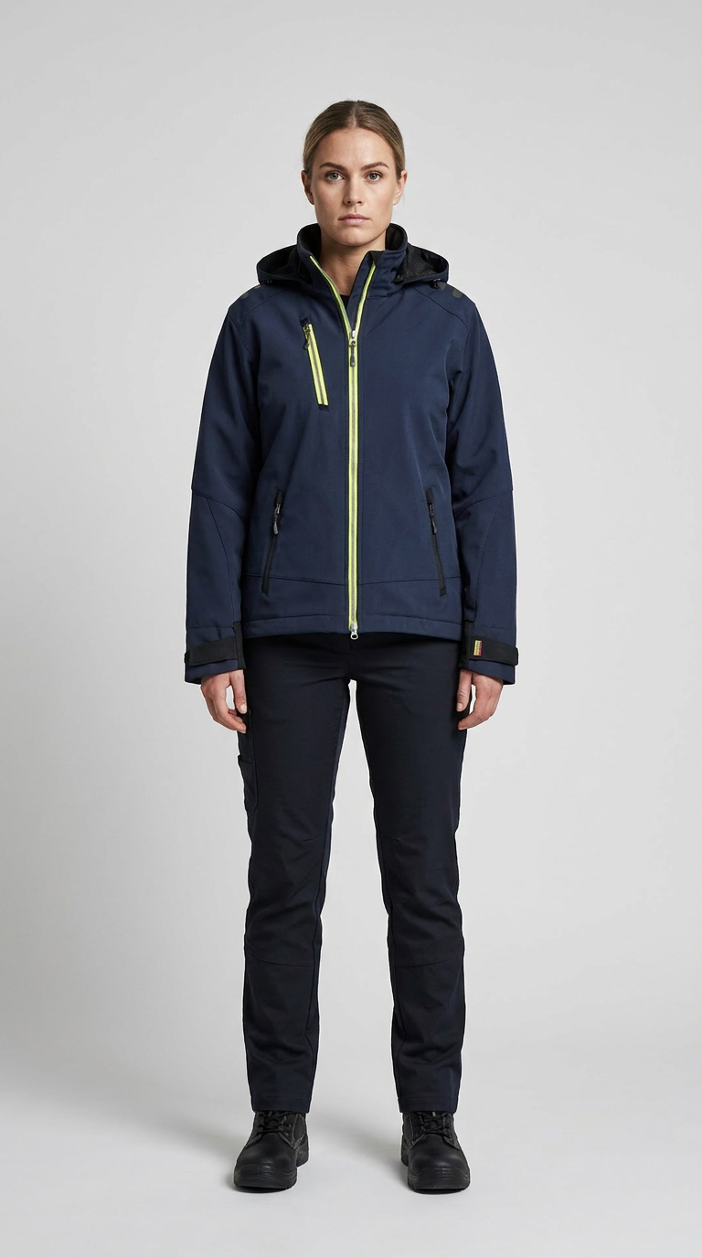 Kvinde i en mørkeblå softshell-jakke med neongule lynlåse og mørke bukser mod en grå baggrund.