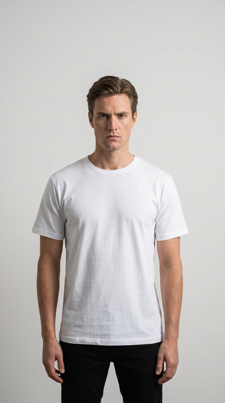 Mand i hvid t-shirt og sorte bukser stående foran en lys grå baggrund.