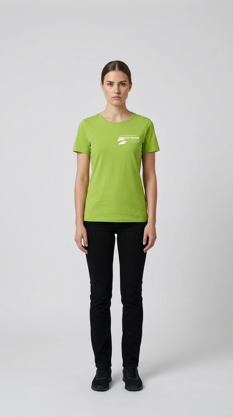 Kvinde i limegrøn t-shirt med hvidt logo og sorte bukser mod en lys grå baggrund.