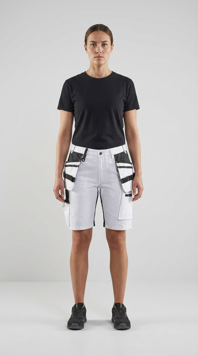 Kvinde iført sort t-shirt og hvide arbejdsshorts med hængelommer foran en grå baggrund.