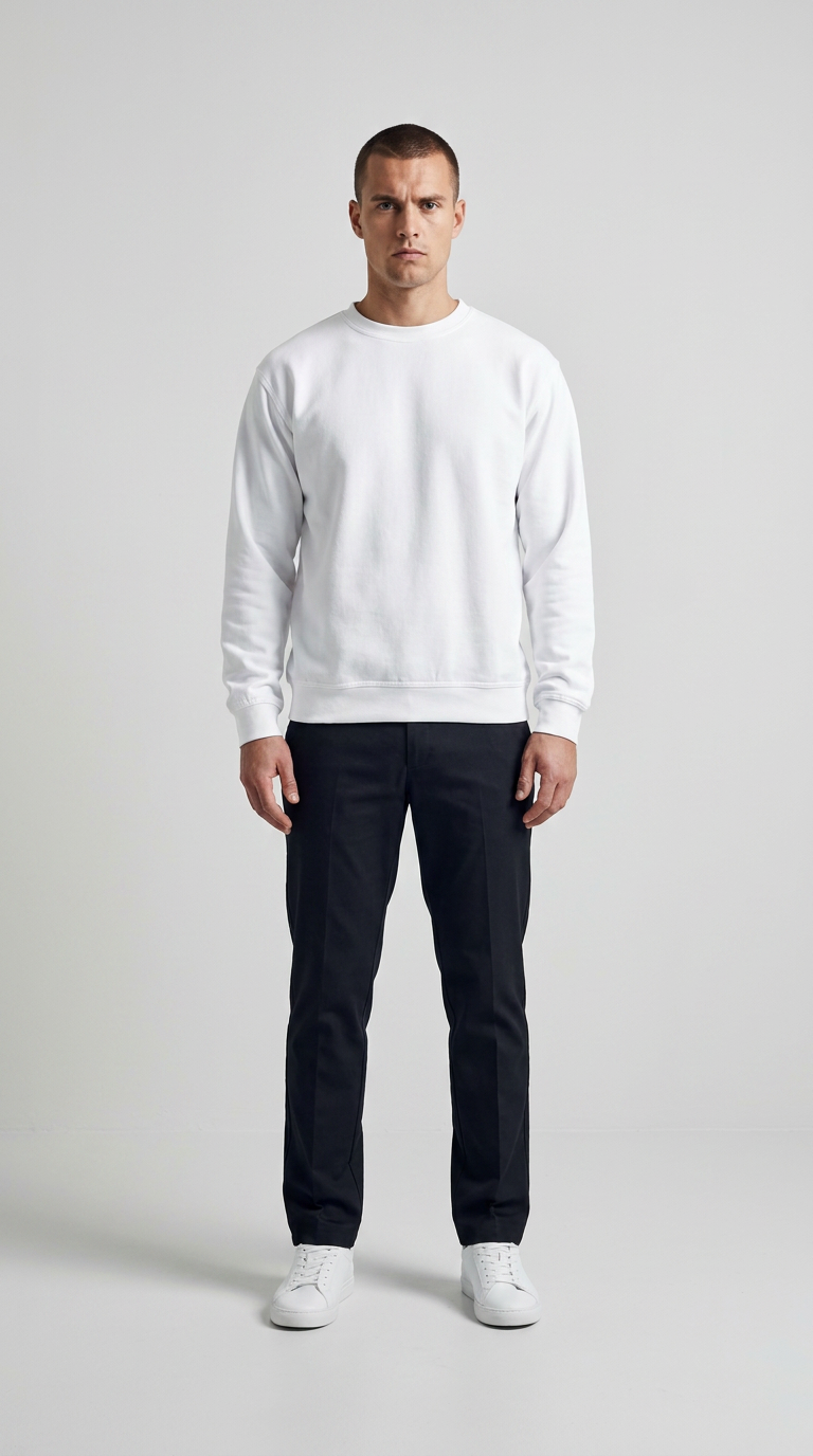 Mand i hvid sweatshirt, sorte bukser og hvide sneakers mod en lys baggrund.