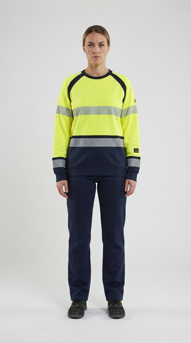 Kvinde i gul high-vis sweatshirt med reflekser og navyblå arbejdsbukser mod en lys baggrund.
