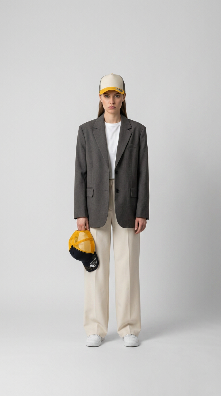 Kvinde i grå blazer, lyse bukser og gul kasket, der holder en ekstra kasket mod en grå baggrund.