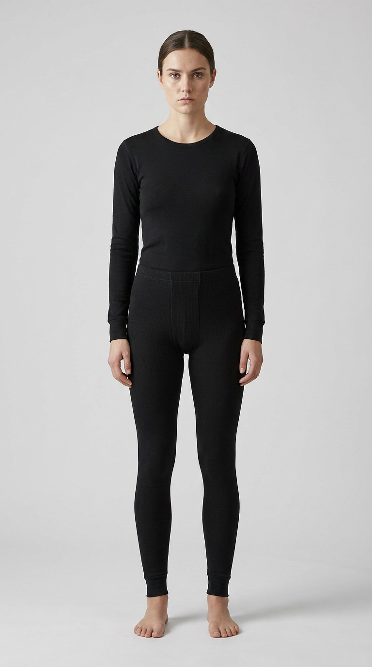 Kvinde i sort langærmet termoundertøj og matchende leggings mod en grå baggrund.