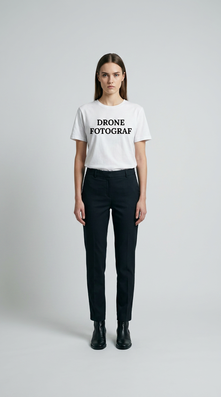 Kvinde iført hvid t-shirt med teksten "DRONE FOTOGRAF" og sorte bukser mod en lys baggrund.