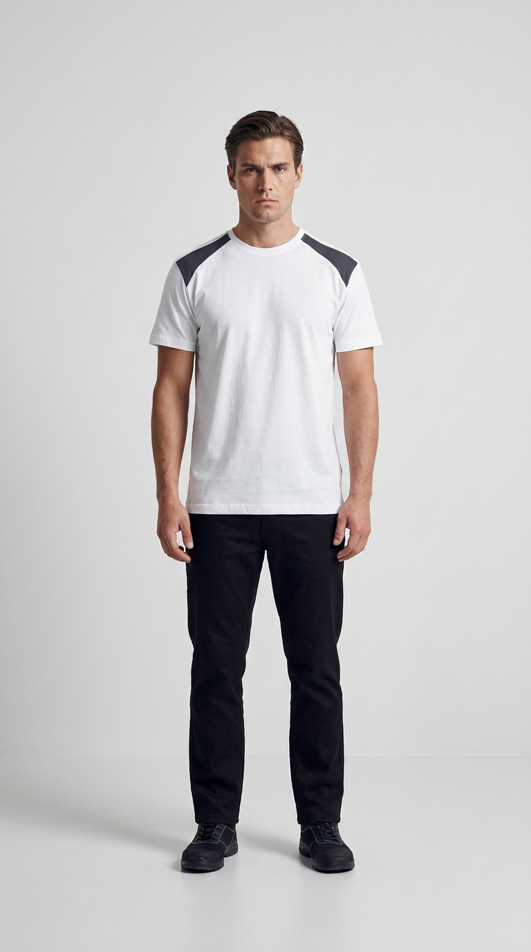 Mand i hvid t-shirt med grå skulderdetaljer og sorte bukser mod en lys baggrund.