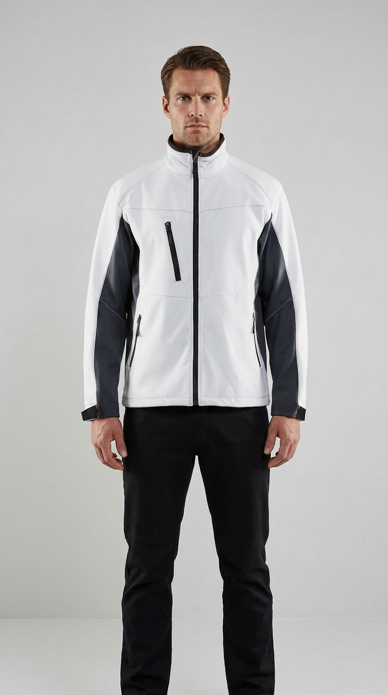 Mand i hvid softshell-jakke med sorte detaljer og sorte bukser mod en grå baggrund.