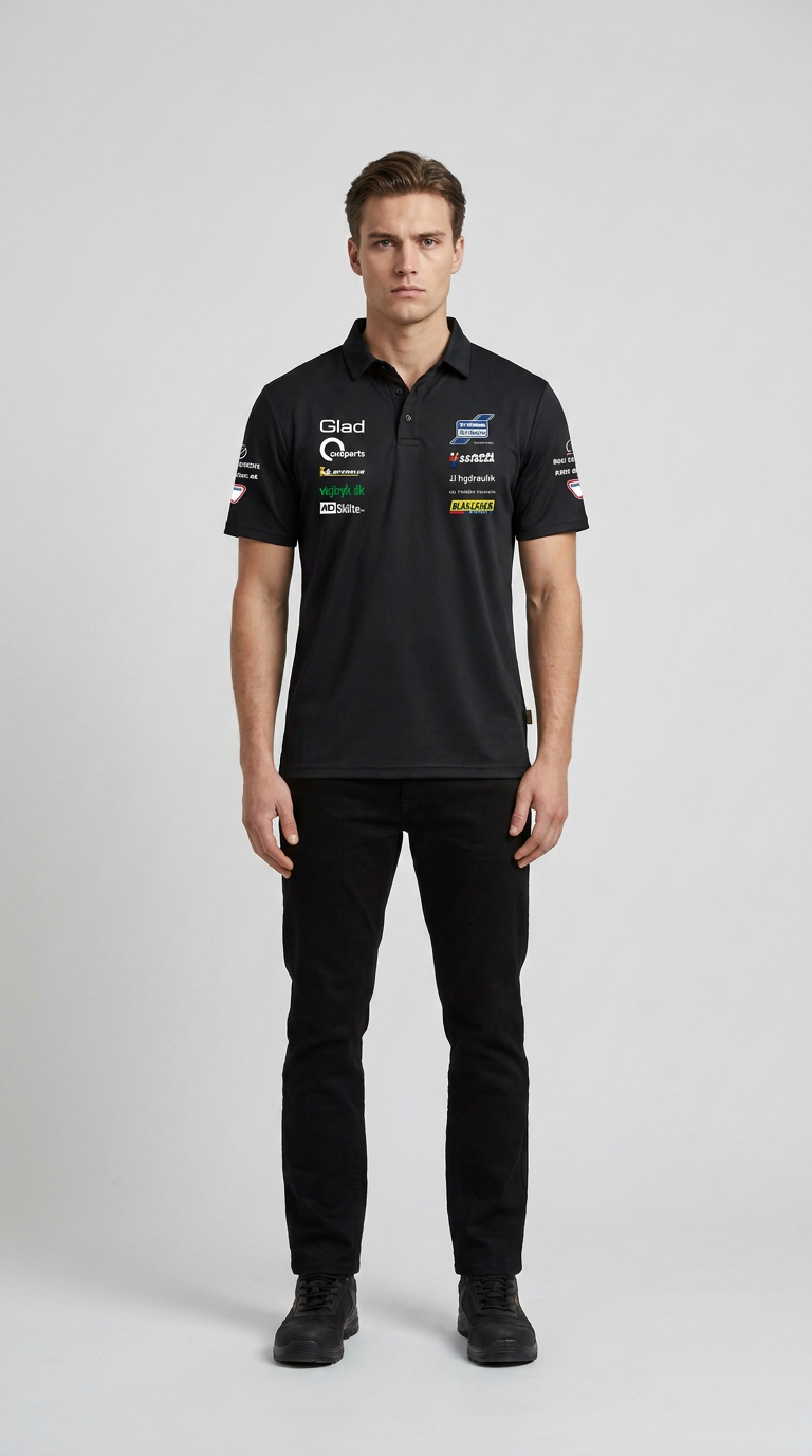 Mand i sort polo-shirt med sponsorlogoer og sorte bukser mod en lys baggrund.