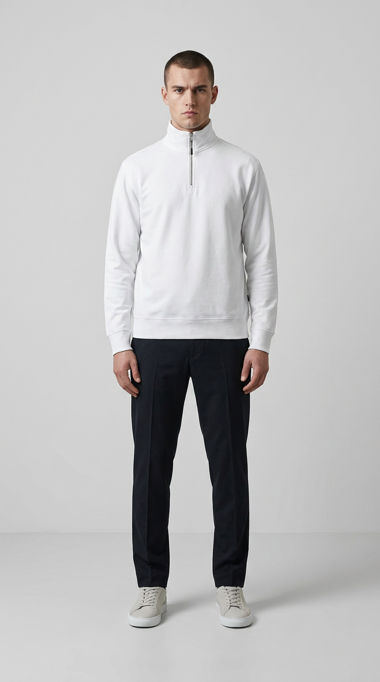 Mand i hvid sweatshirt med lynlås i halsen, mørke bukser og lyse sneakers mod en grå baggrund.