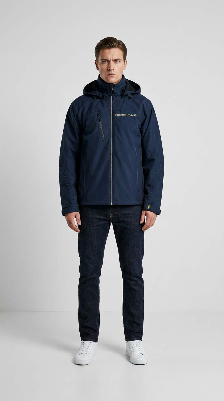 Mand i mørkeblå Fregatten Jylland-jakke, mørke jeans og hvide sneakers foran en lys baggrund.