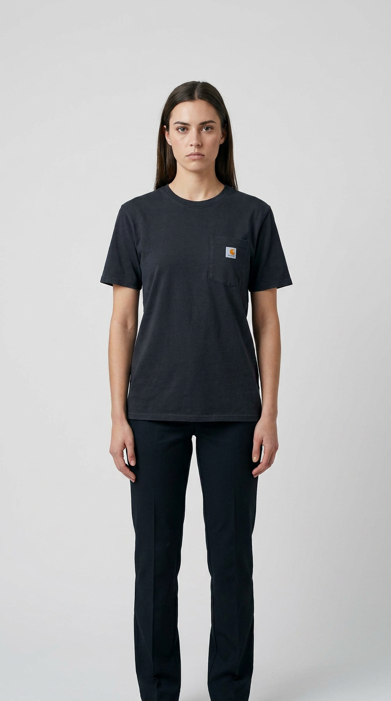 Kvinde i en sort Carhartt t-shirt med brystlomme og sorte bukser mod en grå baggrund.