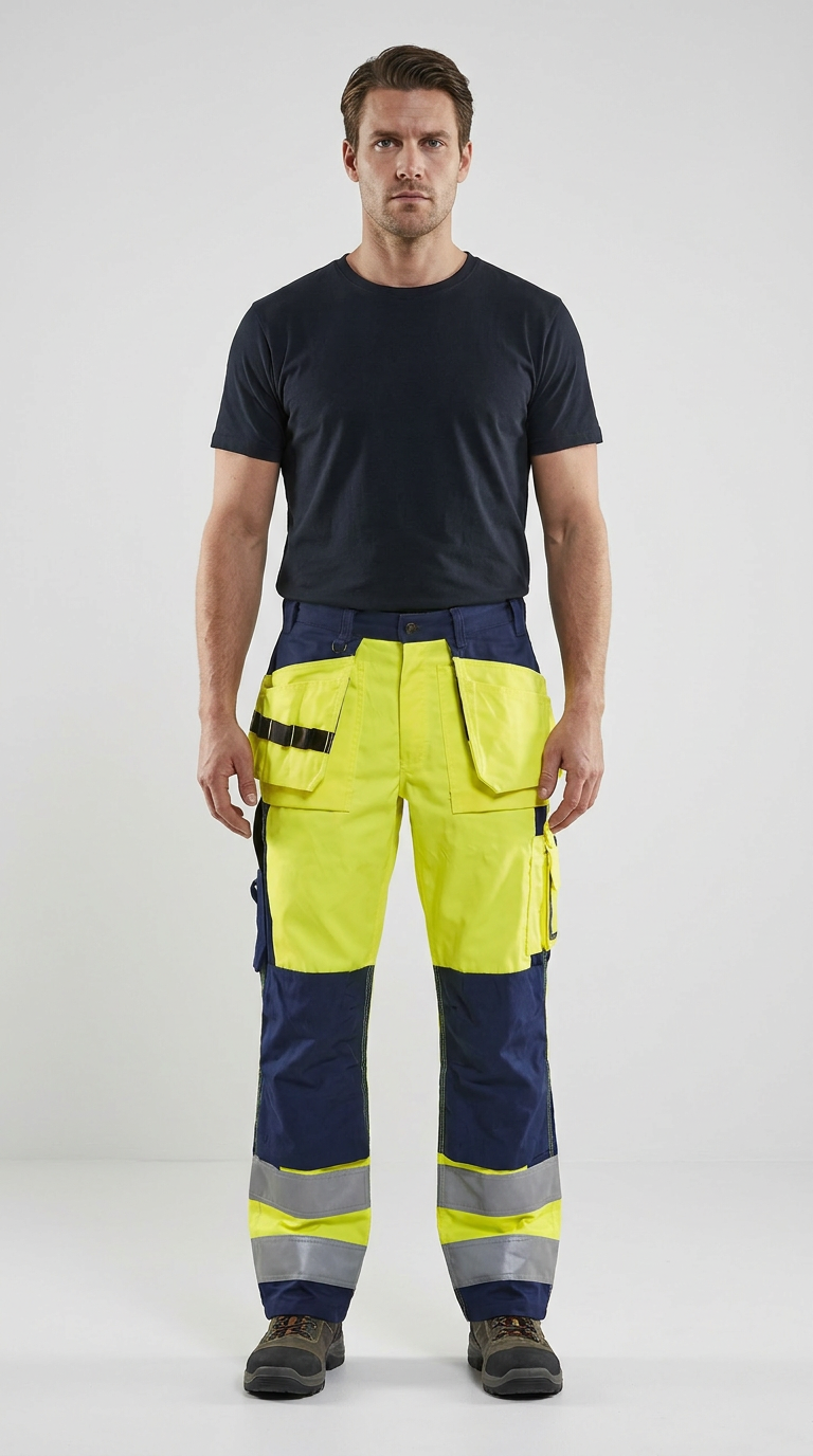 Mand i sort t-shirt og gul og blå high-visibility arbejdsbukser med refleksbånd på en lys baggrund.