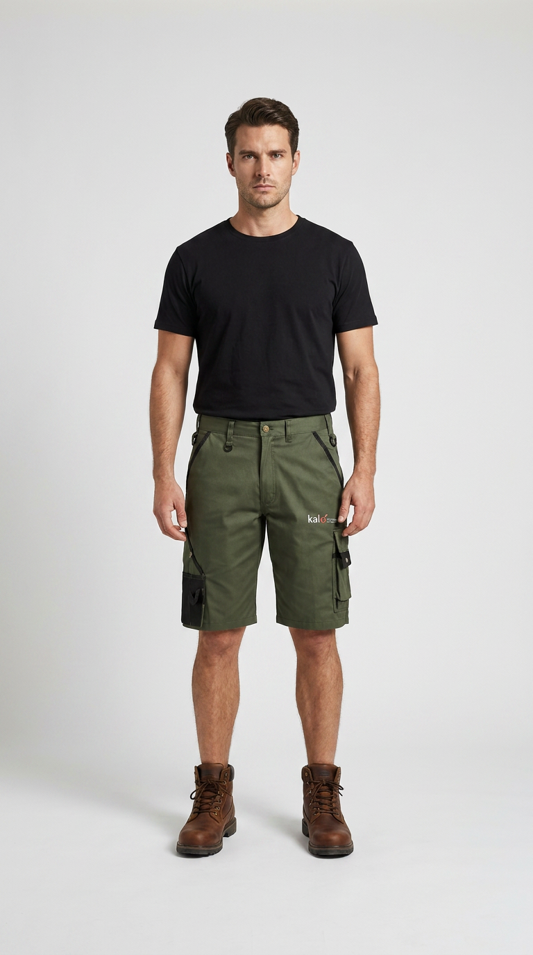 Mand i sort t-shirt, olivengrønne arbejdsshorts og brune støvler på en hvid baggrund.