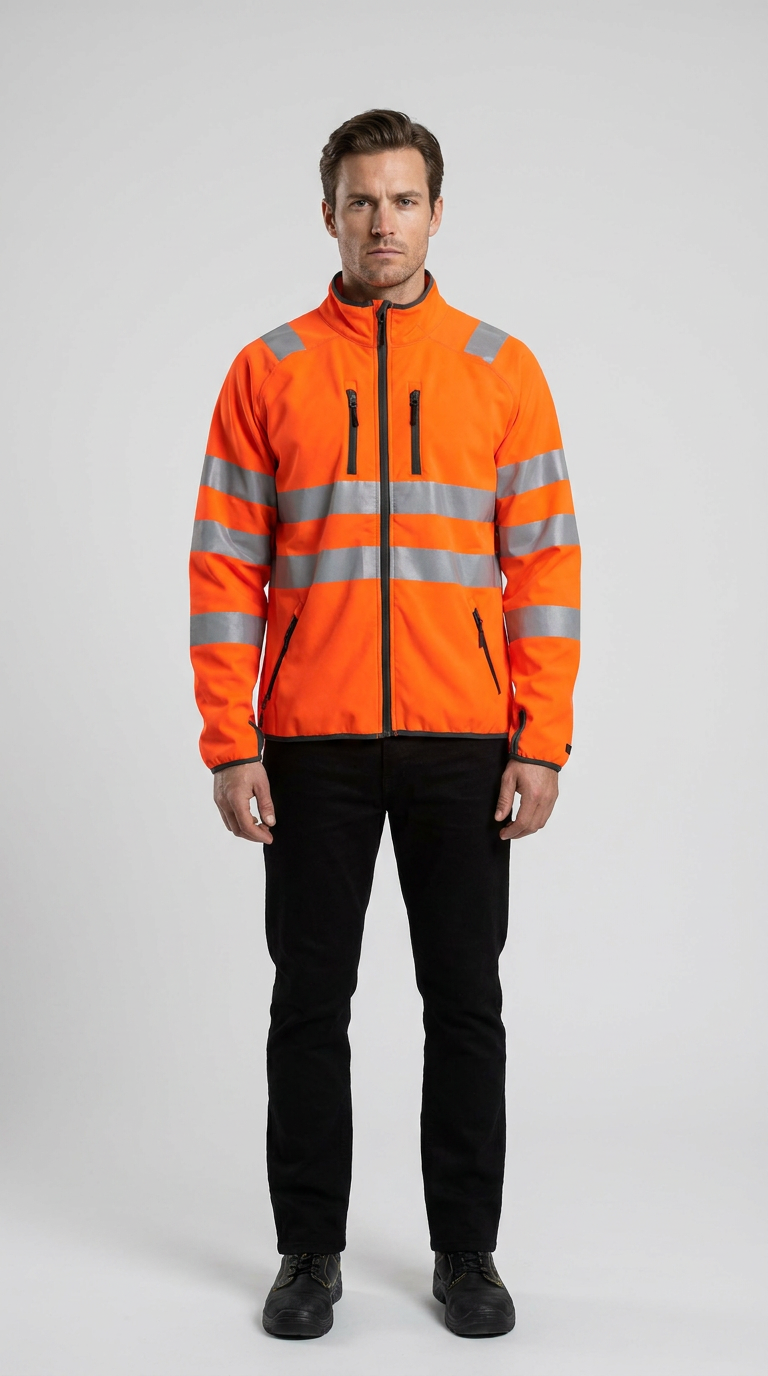Mand iført orange sikkerhedsjakke med reflekser og sorte bukser foran en lys baggrund.