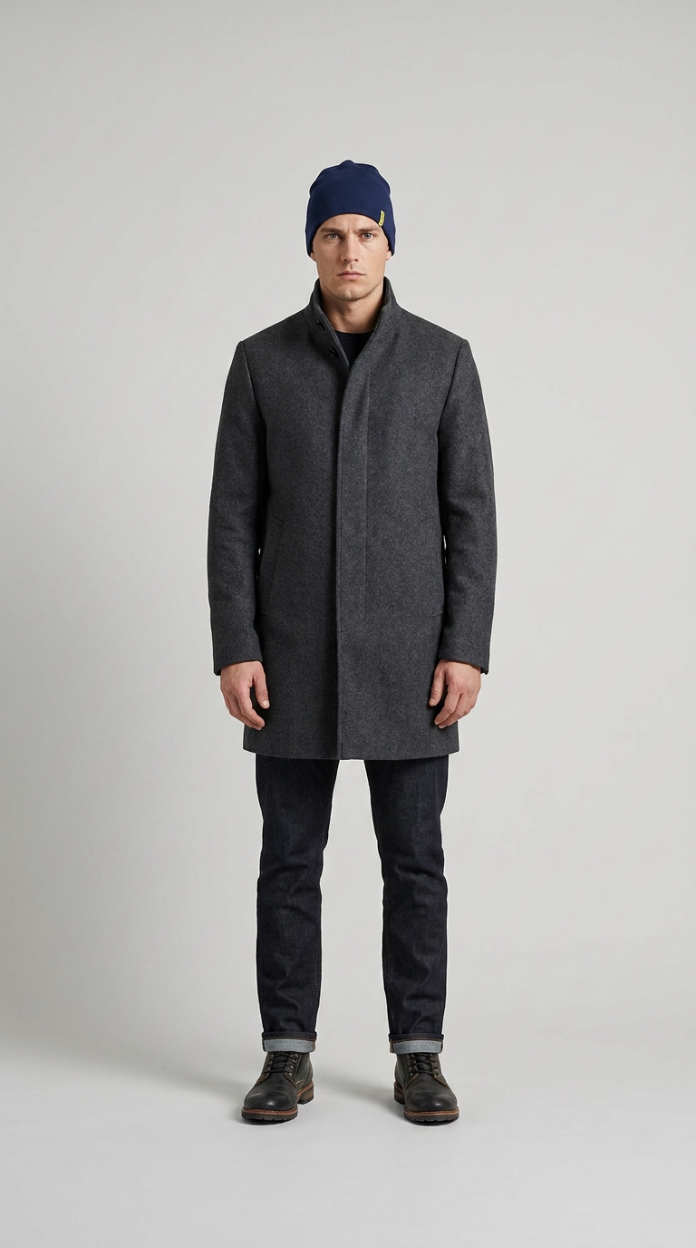 Mand i mørkegrå uldfrakke, blå hue og mørke jeans mod en lys baggrund.