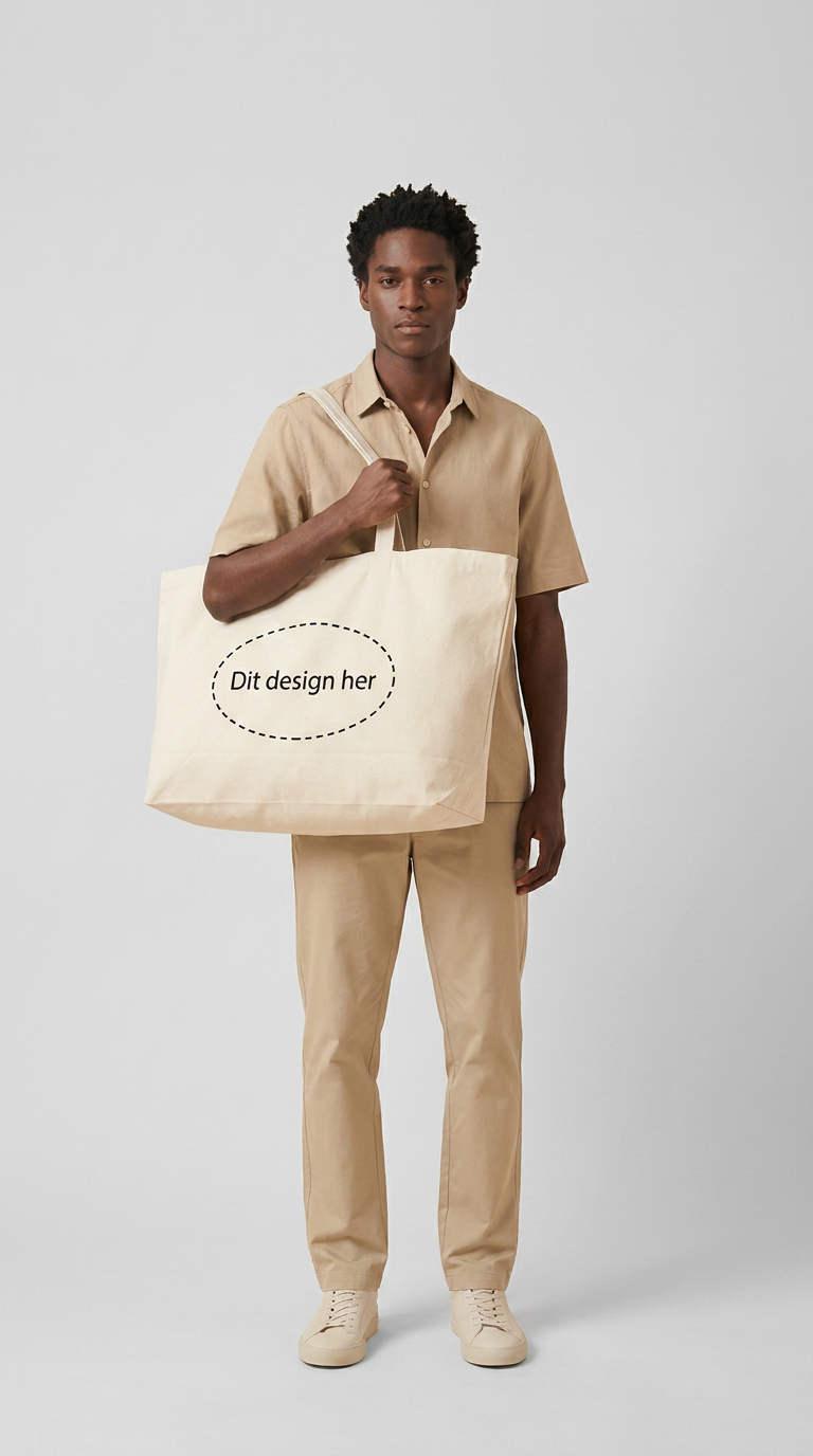 Mand i beige tøj holder en stor, lys mulepose med teksten 'Dit design her' foran en grå baggrund.