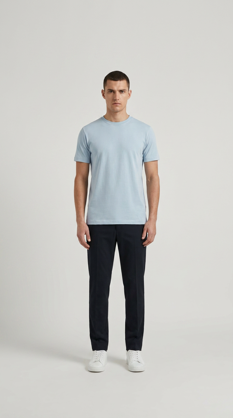 Mand iført lyseblå t-shirt, mørke bukser og hvide sneakers mod en lys baggrund.