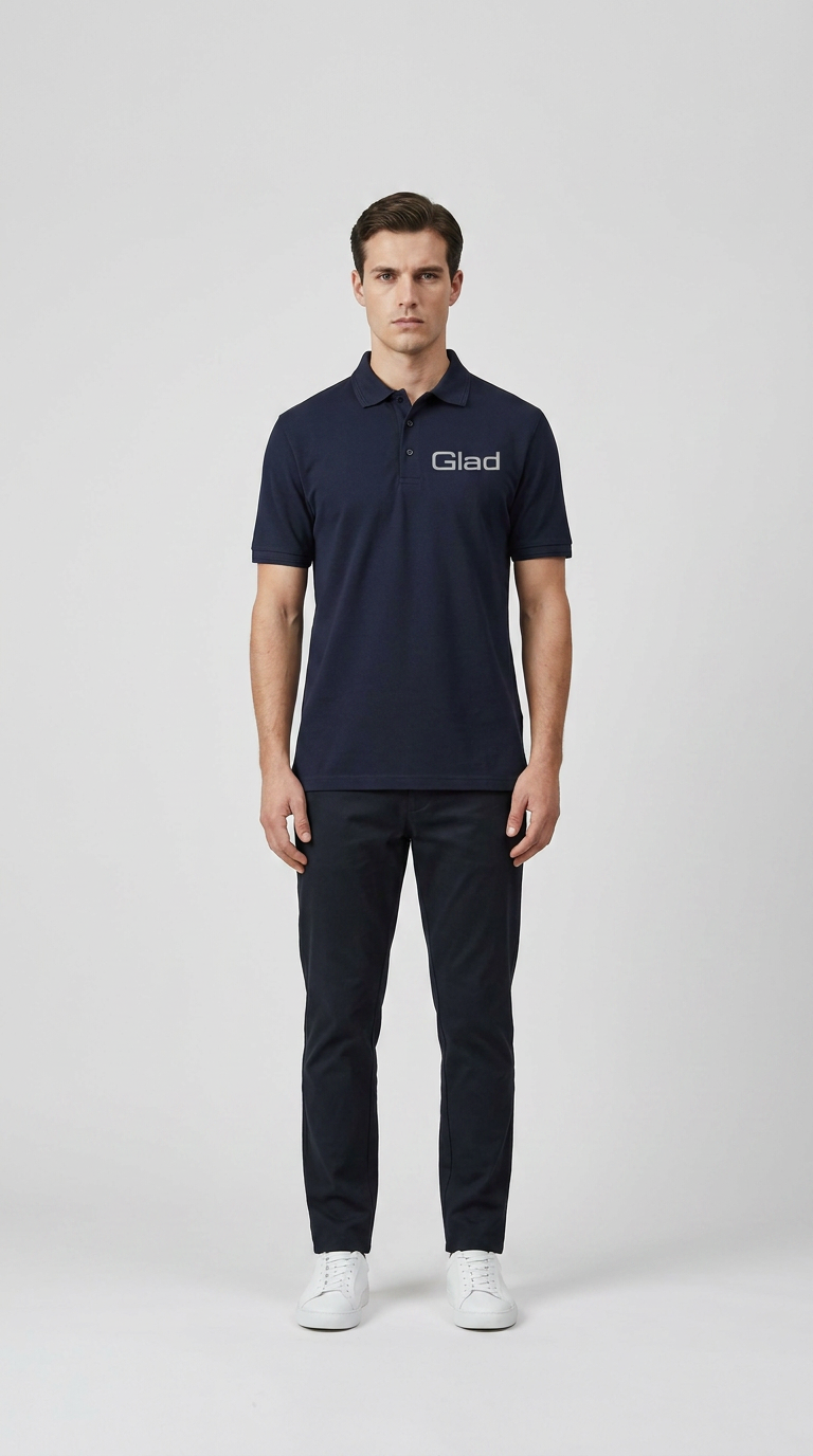 Mand i mørkeblå polo med Glad-logo, mørke bukser og hvide sneakers mod en lys grå baggrund.