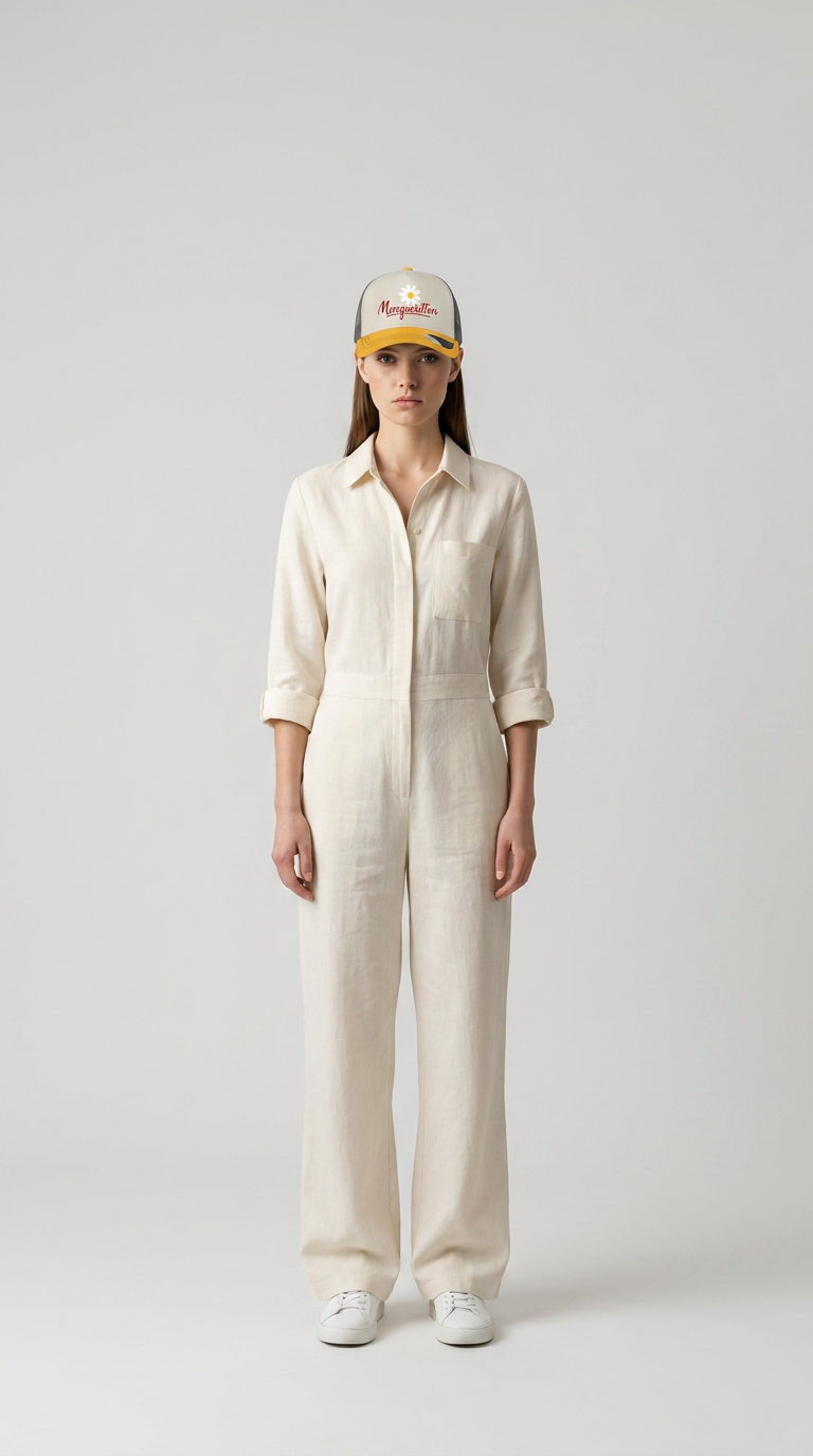 Kvinde i en off-white hør-jumpsuit og en gul trucker-kasket mod en neutral baggrund.