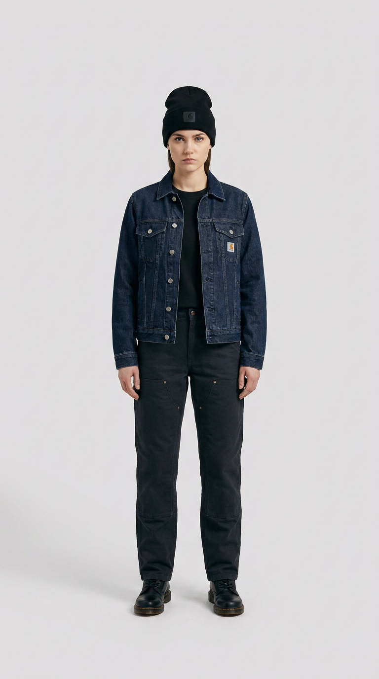 Kvinde iført sort hue, mørkeblå denimjakke og sorte arbejdsbukser på en hvid baggrund.
