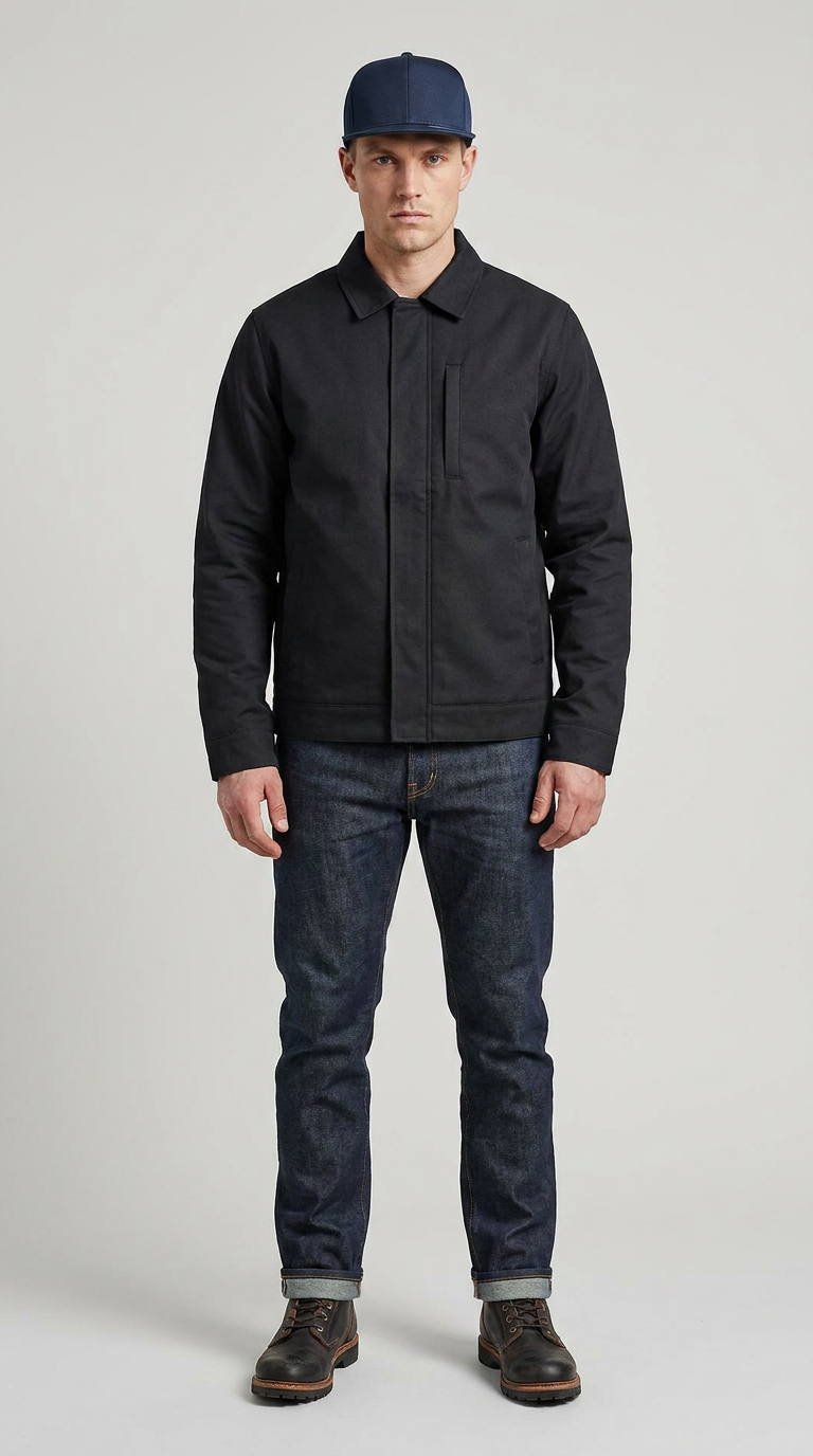 Mand iført en sort jakke, mørkeblå jeans og en blå kasket mod en neutral baggrund.