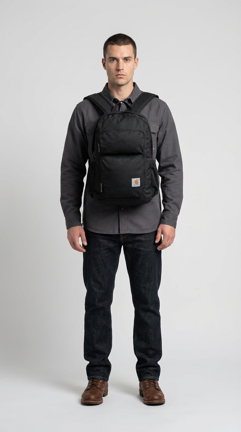 Mand iført en sort Carhartt-rygsæk, grå skjorte og mørke jeans mod en lys baggrund.