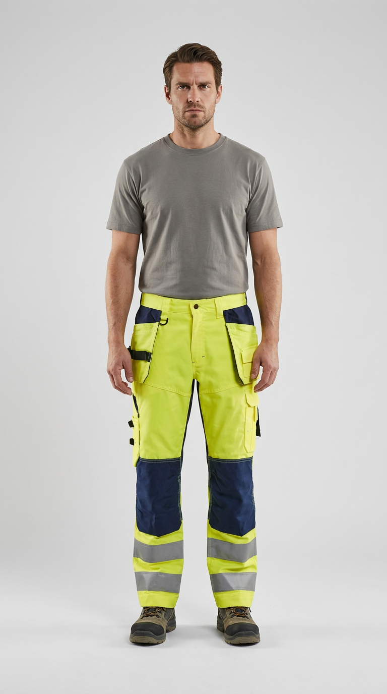 Mand i grå t-shirt og neon-gule arbejdsbukser med mørkeblå detaljer og refleksbånd på en grå baggrund.
