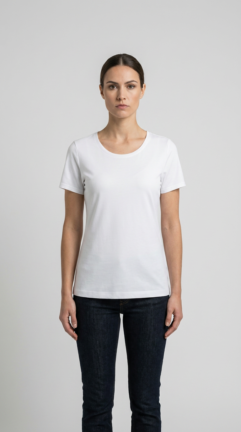 Kvinde iført en klassisk hvid t-shirt og mørkeblå jeans mod en neutral grå baggrund.