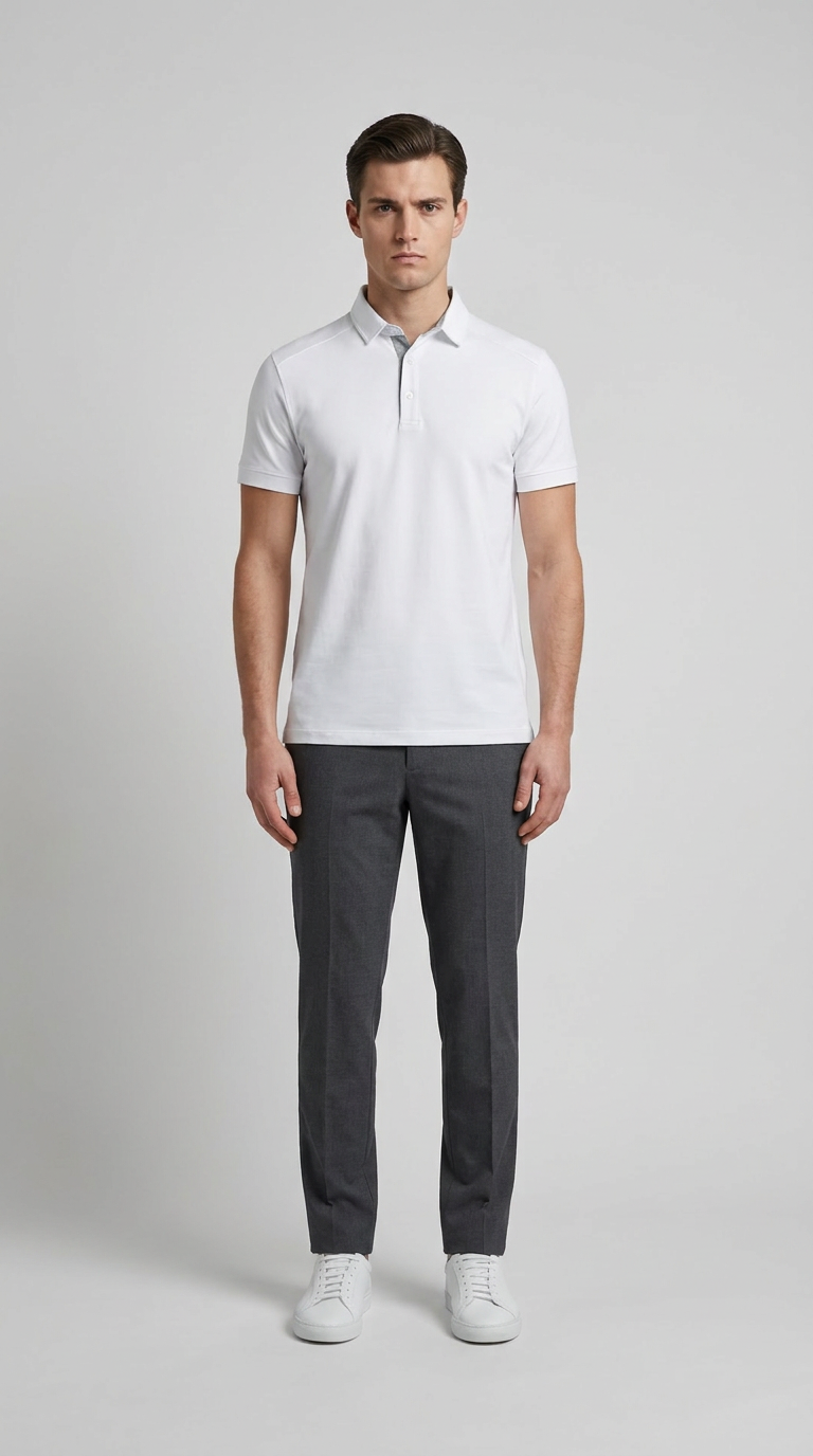 Mand i hvid polo-shirt, grå bukser og hvide sneakers mod en grå baggrund.