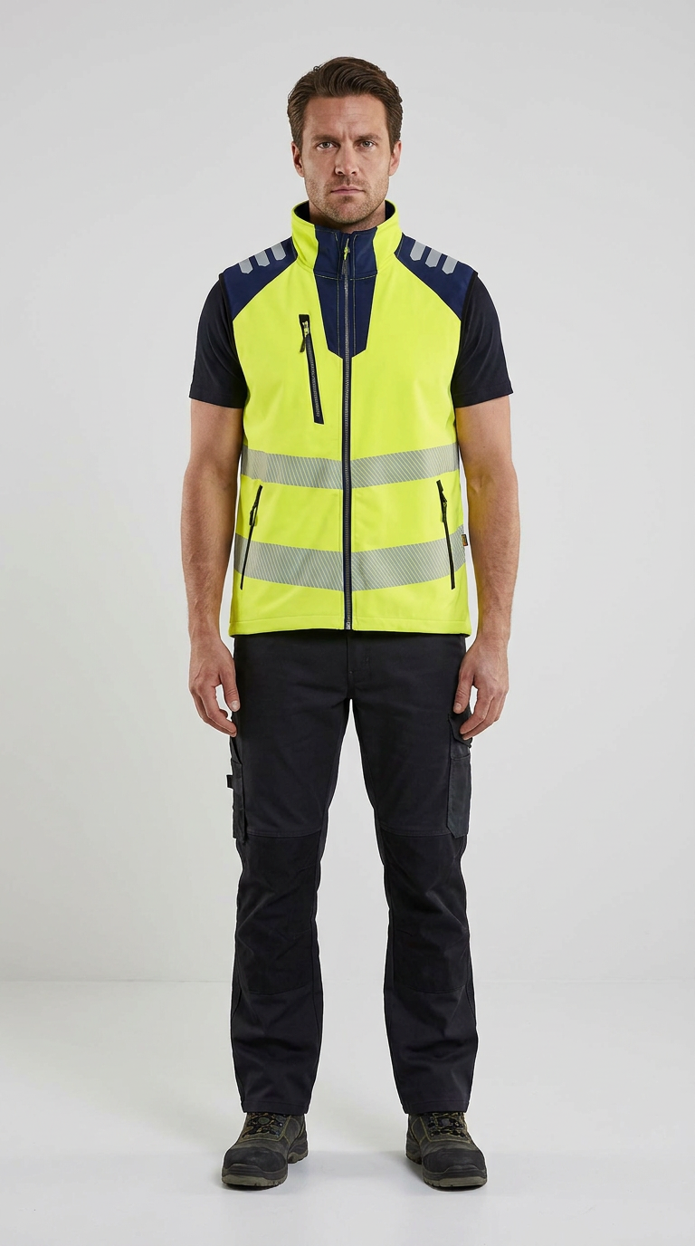 Mand iført gul refleksvest med refleksstriber og sorte arbejdsbukser på en lys baggrund.