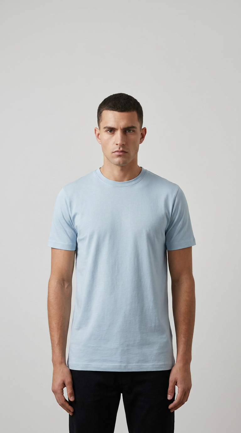 En mand i en lyseblå t-shirt med rund hals og sorte bukser mod en grå baggrund.