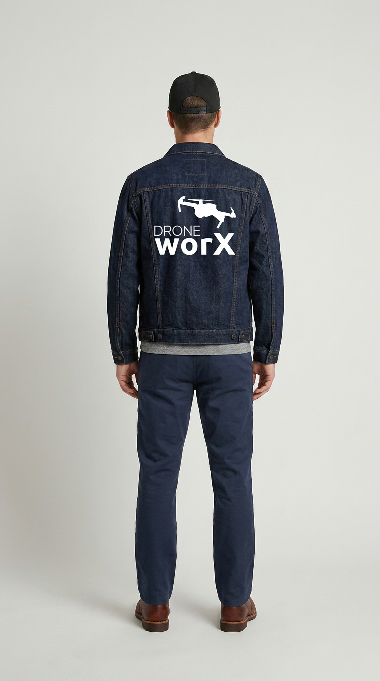 En mand set bagfra i en denimjakke med et hvidt Drone Worx-logo på ryggen mod en lys baggrund.