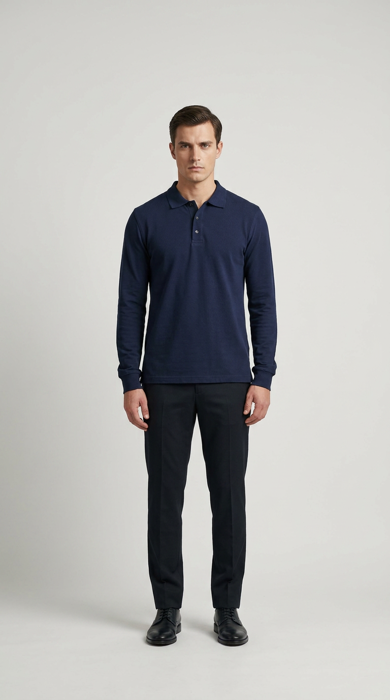 Mand i mørkeblå langærmet polo shirt og mørke bukser mod en lys grå baggrund.