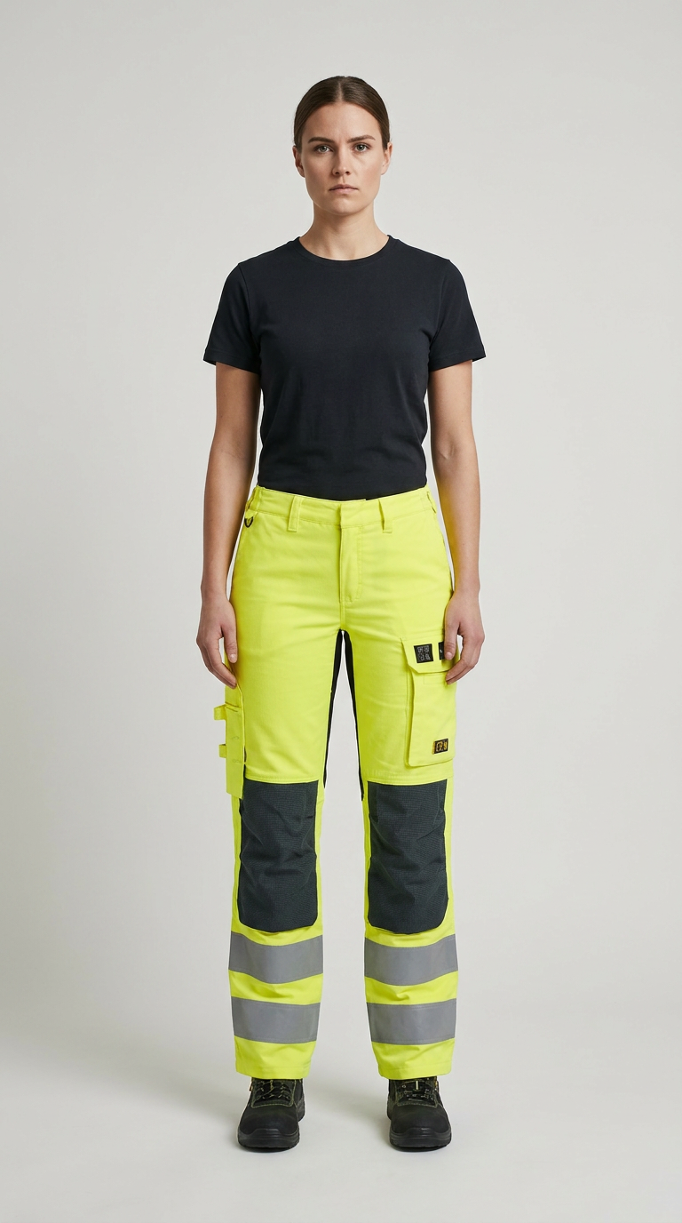 Kvinde i sort t-shirt og neongule arbejdsbukser med reflekser og knæpuder foran en grå baggrund.