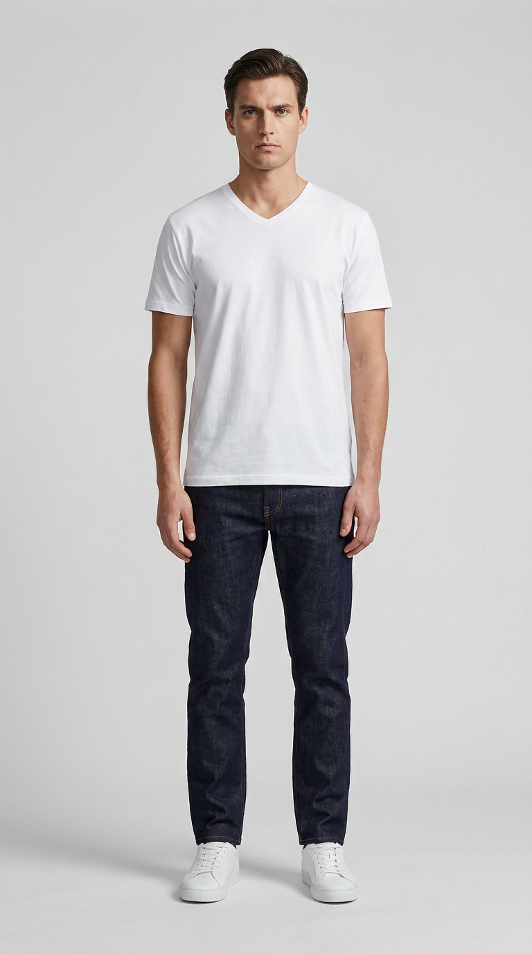 Mand i hvid v-hals t-shirt, mørkeblå jeans og hvide sneakers mod en grå baggrund.