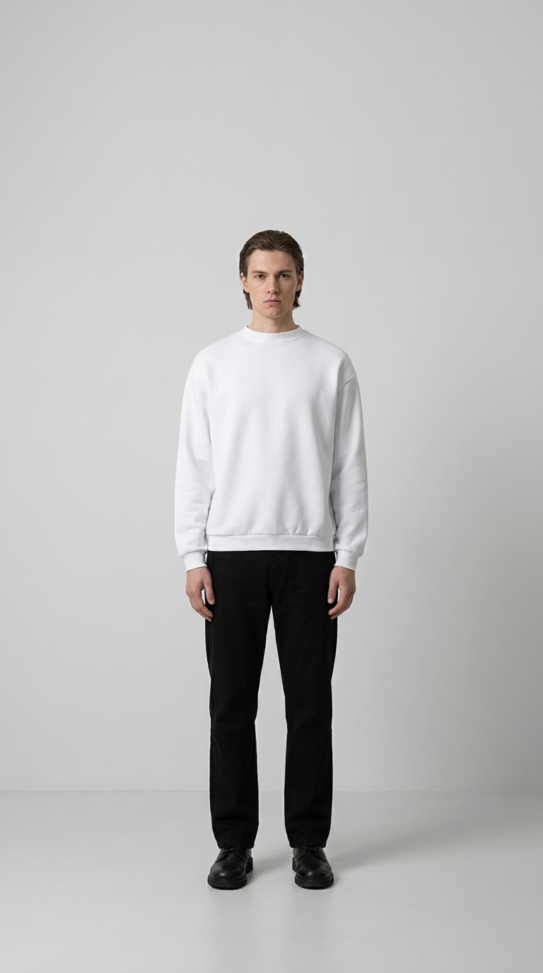 Mand i hvid sweatshirt og sorte bukser mod en neutral grå baggrund.