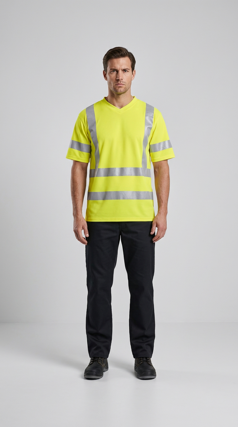 Mand i gul high-visibility t-shirt med refleksstriber og sorte arbejdsbukser på en grå baggrund.