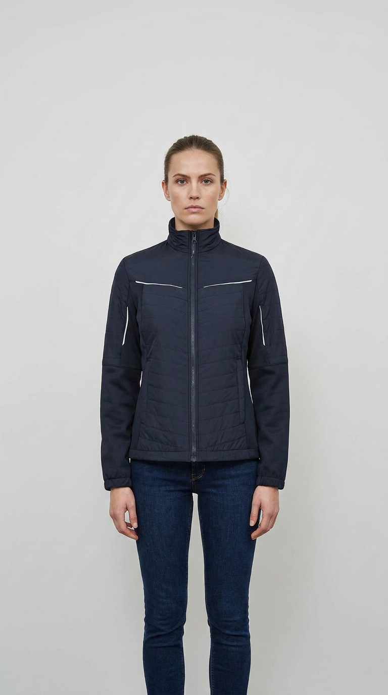 Kvinde i en mørkeblå quiltet jakke med refleksdetaljer og blå jeans mod en enkel baggrund.