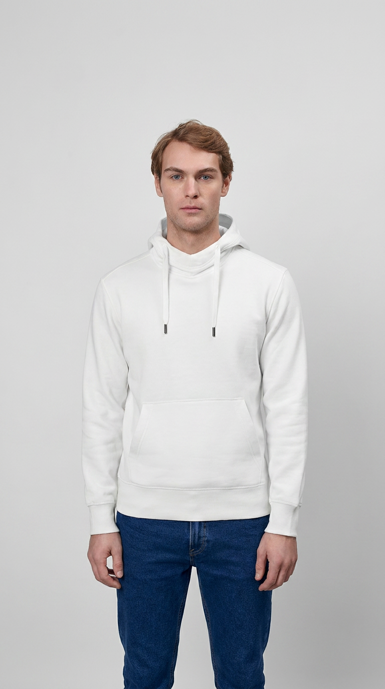 En mand i en hvid hættetrøje og blå jeans, der står foran en lysegrå baggrund.