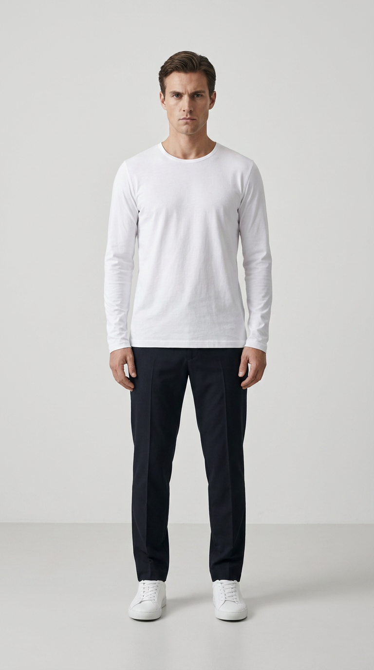 Mand i hvid langærmet t-shirt, mørke bukser og hvide sneakers mod en lys baggrund.