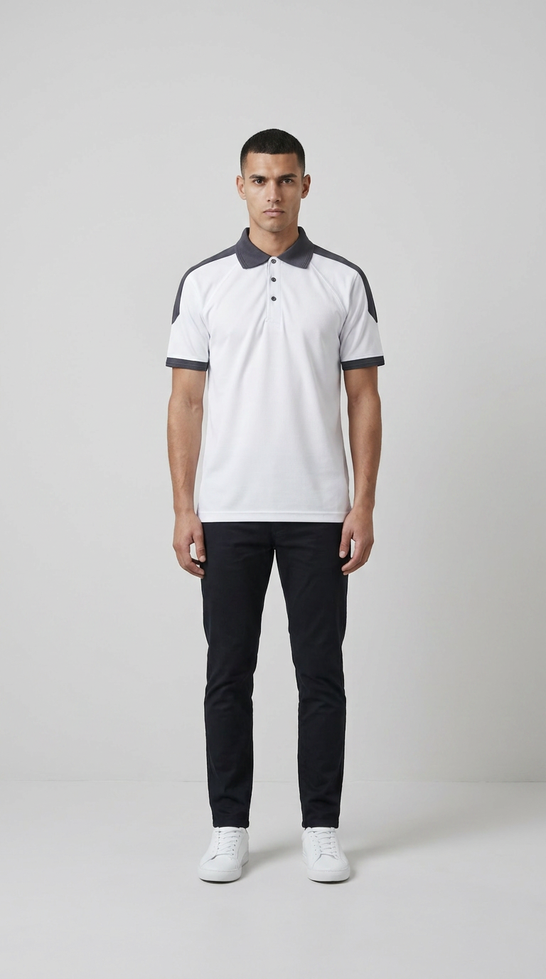 Mand i hvid polo-shirt med grå detaljer, mørke bukser og hvide sneakers mod en lys baggrund.
