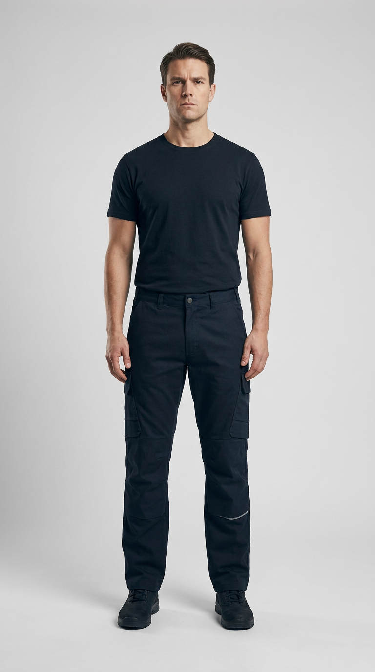 Mand iført sort t-shirt og mørkeblå arbejdsbukser på en lys baggrund.
