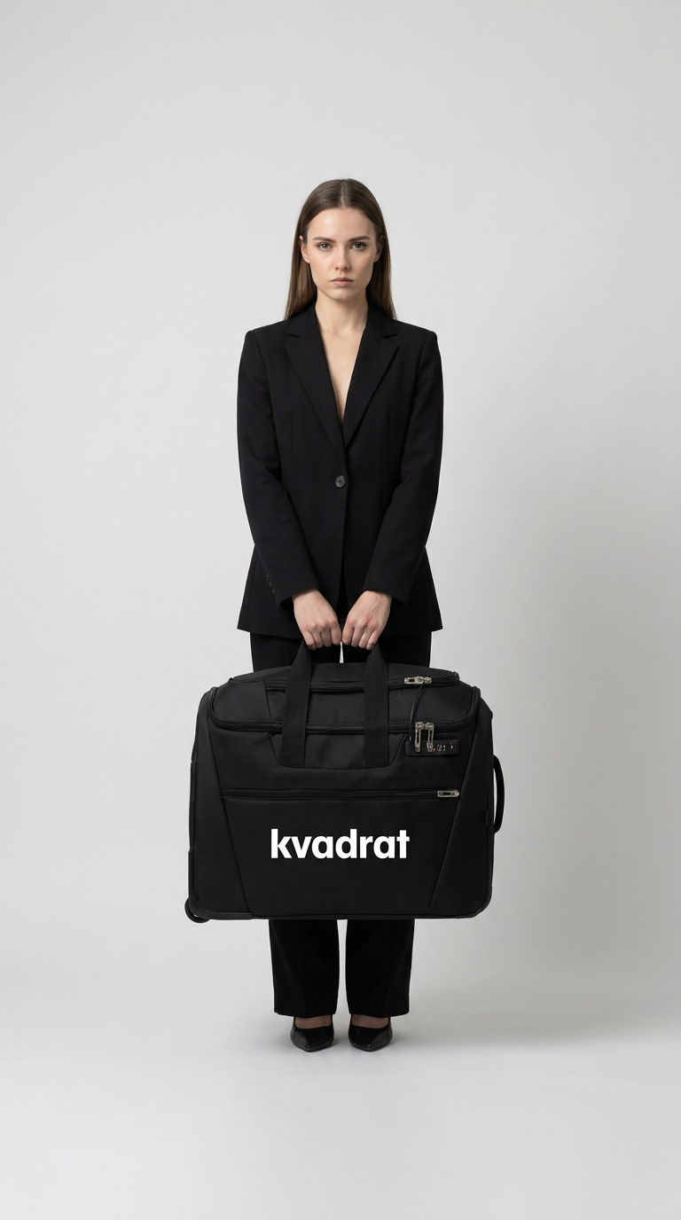 Kvinde i sort jakkesæt holder en sort rejsetaske med 'kvadrat' logo foran en gråhvid baggrund.