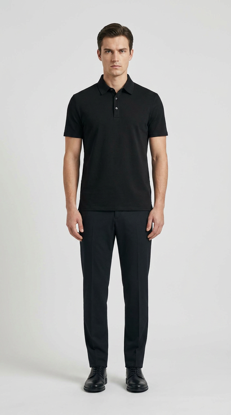 Mand i sort polo-shirt, sorte bukser og sorte sko stående mod en lys grå baggrund.
