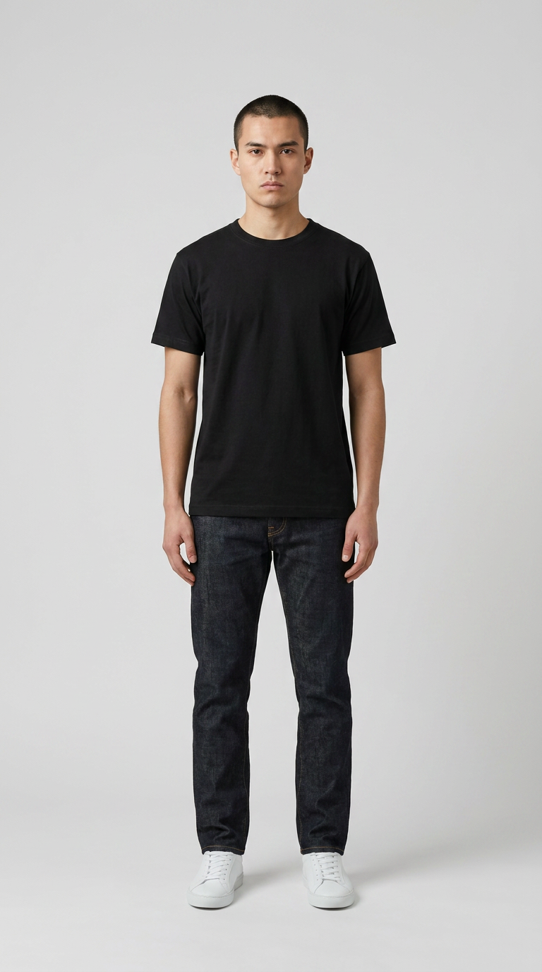 Mand i sort t-shirt og mørkeblå jeans stående mod en grå baggrund.