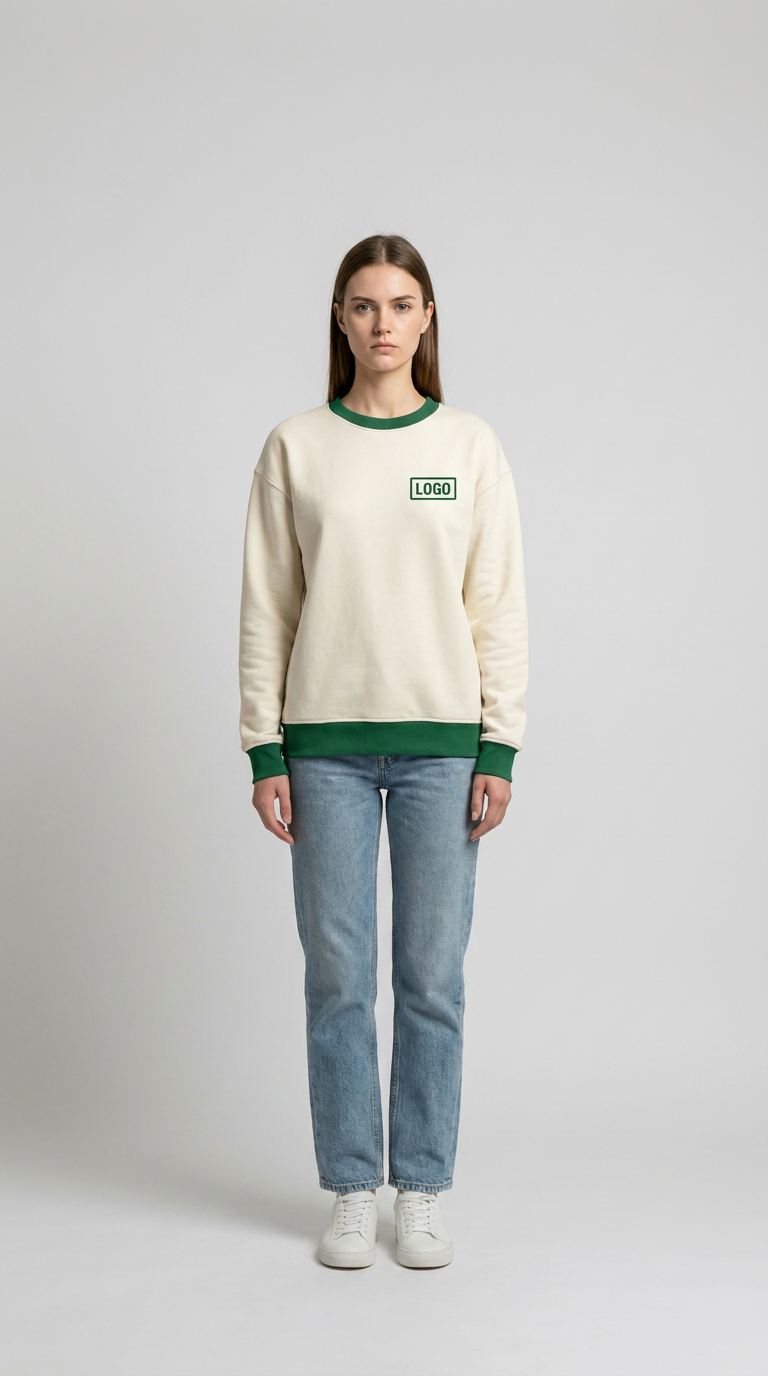 Kvinde i creme sweatshirt med grønne detaljer og blå jeans mod en grå baggrund.