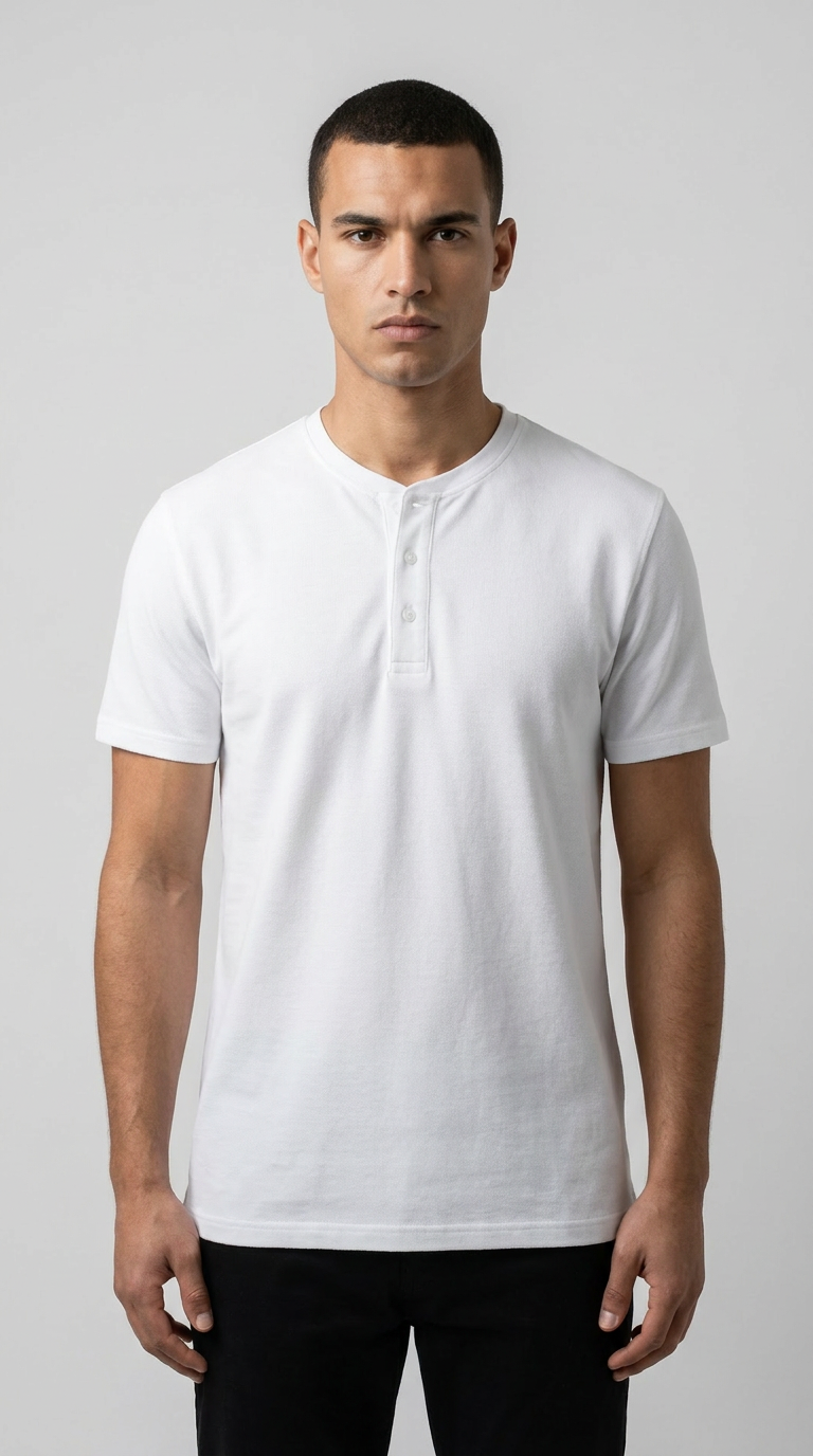 Mand i en hvid kortærmet henley t-shirt mod en lys grå baggrund.